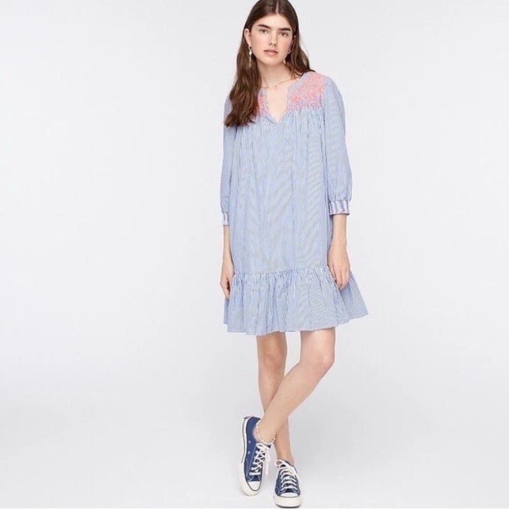 J. Crew Popover Embroidered Blue Striped Dress M